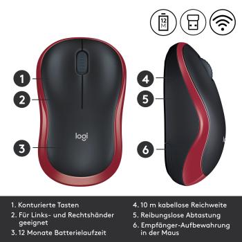 Logitech M185 Wireless Maus Rot – Optisch 1000 DPI USB beidhändig
